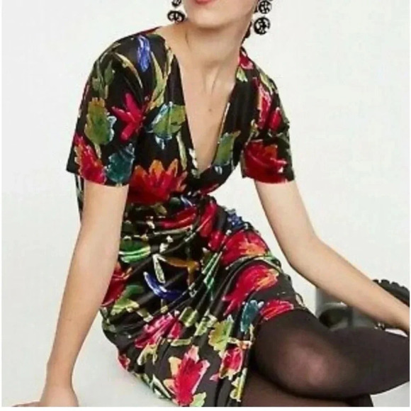 ZARA Womens Midi Dress Velvet Floral Faux Wrap V-Neck Sheath Dress Size Small - Picture 1 of 10